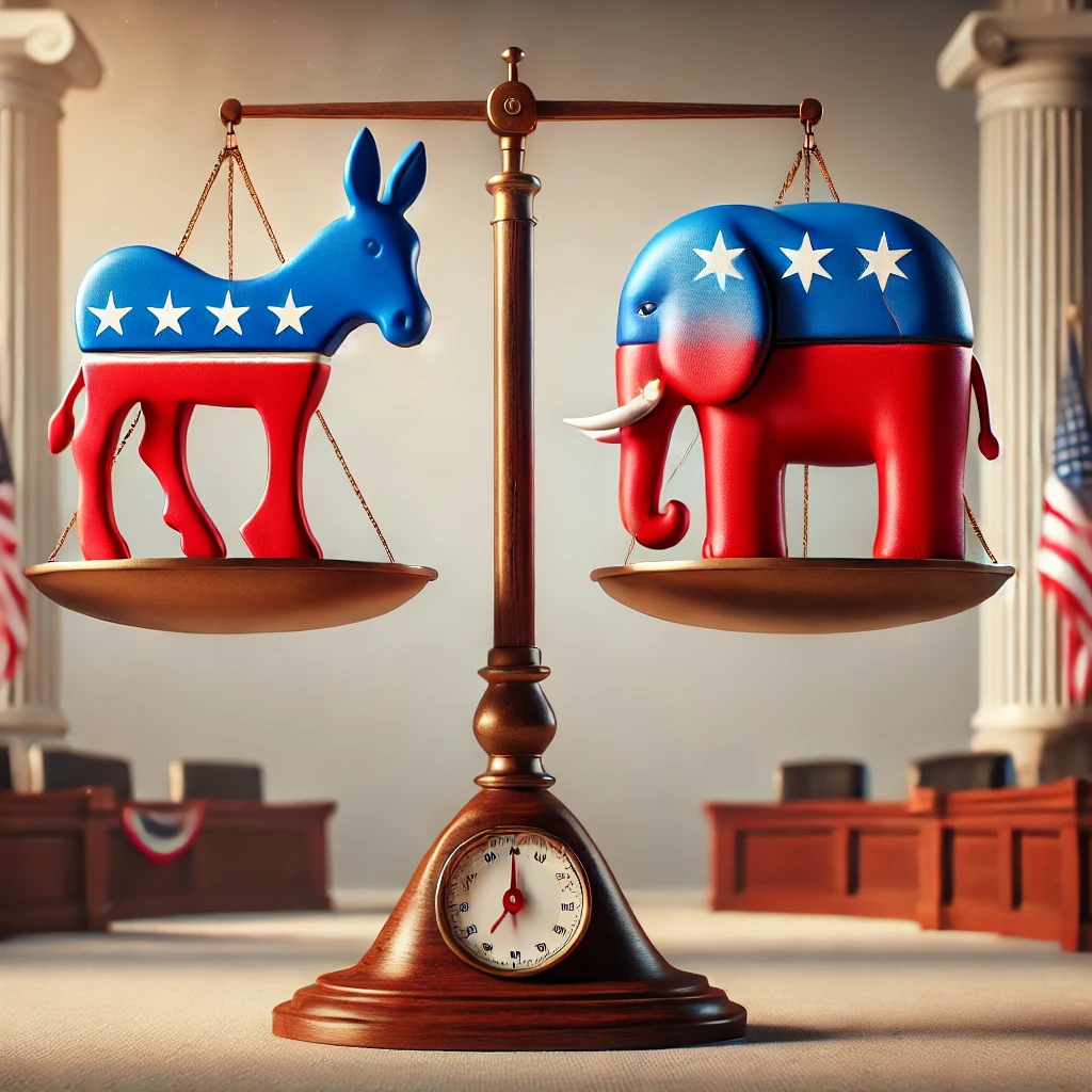 A symbolic representation of Democrats and Republicans in balance