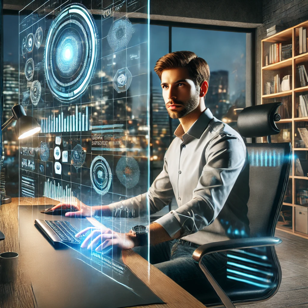 A modern man in his 30s sitting at a sleek desk using an artificial intelligence interface on a futuristic computer