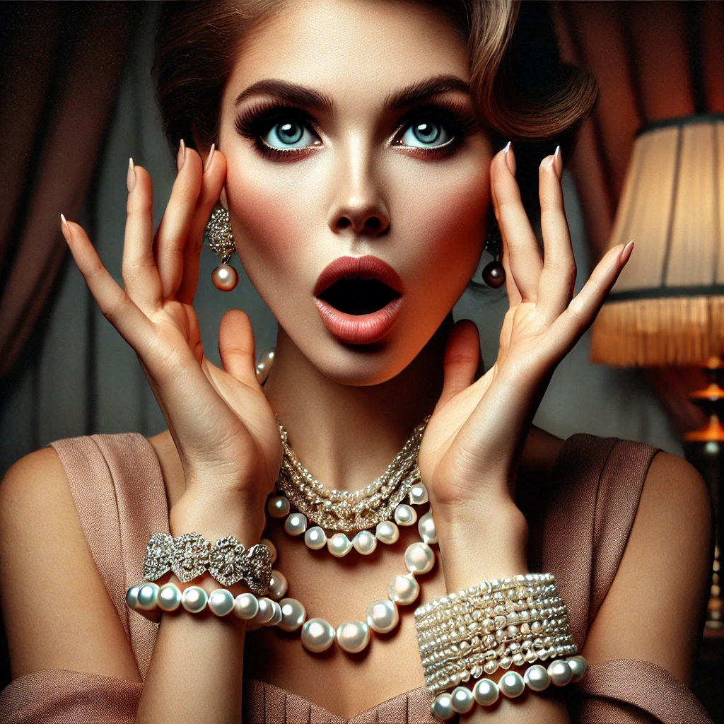 A dramatic and expressive portrait of a woman clutching her pearls in shock or surprise