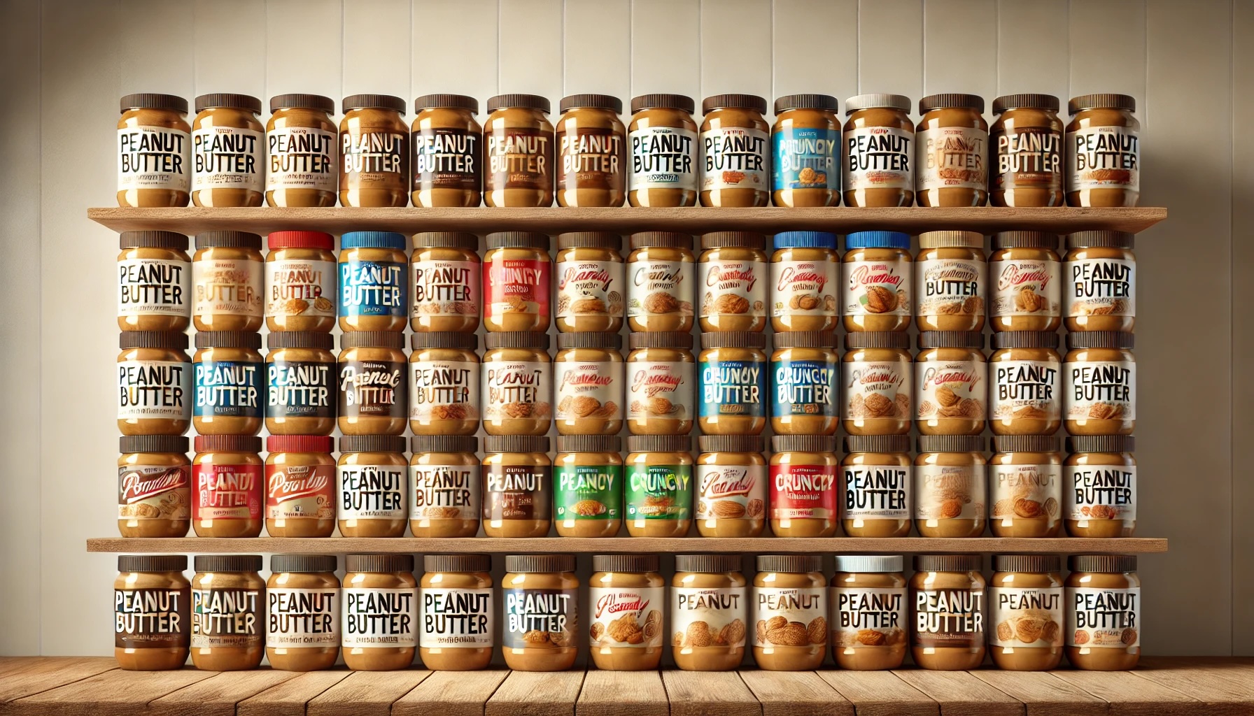 Neatly arranged jars of peanut butter